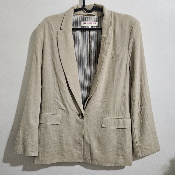 Free People Linen Blend Blazer Tan Beige Striped Lining Size S Coastal Grandma - Picture 2 of 16